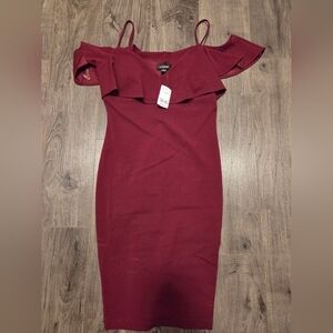 Le Chateau Burgundy Off-Shoulder Midi Dress